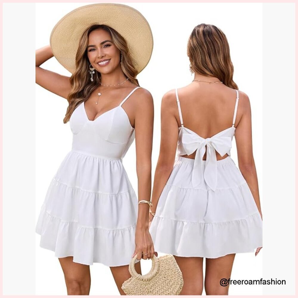 Women's Floral Mini Sundress V Neck Backless Boho Beach Casual Dress